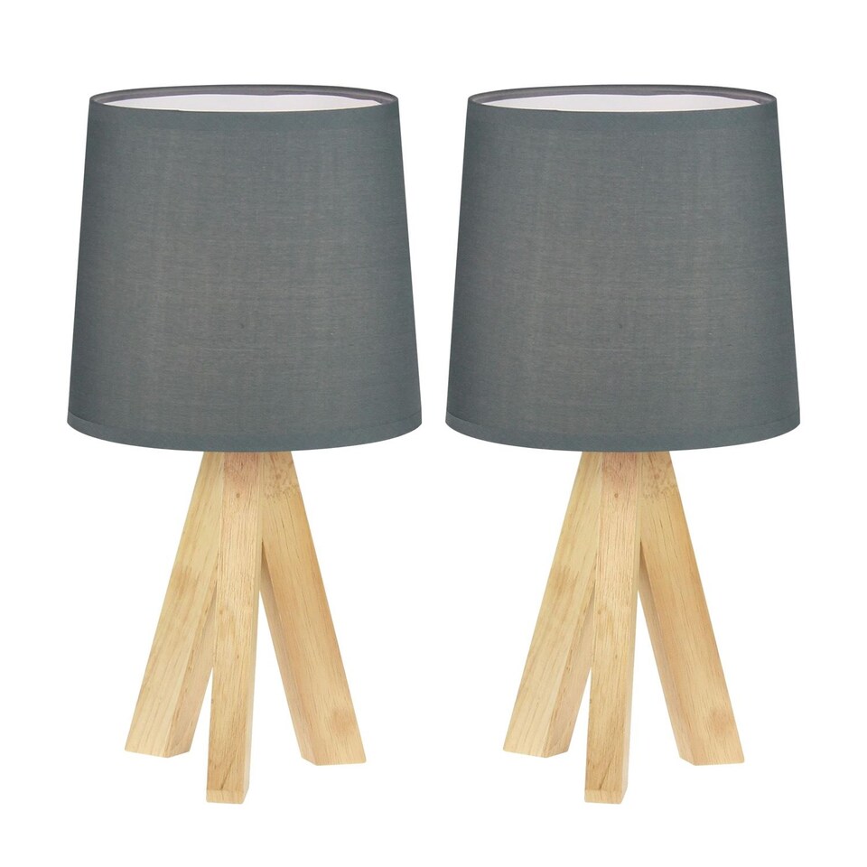 image 1 of Set of 2 Hubert - Natural Wooden Tripod Lamps | Brown | Grey | Medium | 2