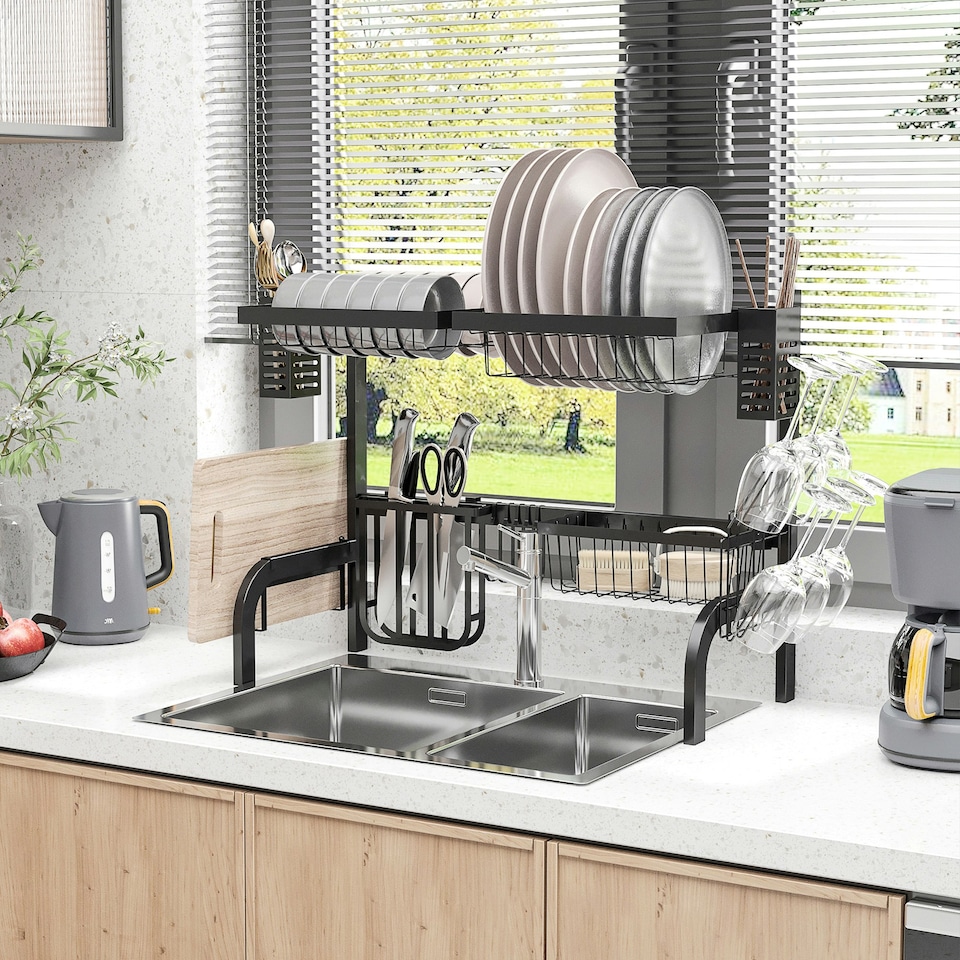 image 1 of HOMCOM 2 Tier Dish Rack, Over The Sink Dish Drainer Rack for Kitchen, Black