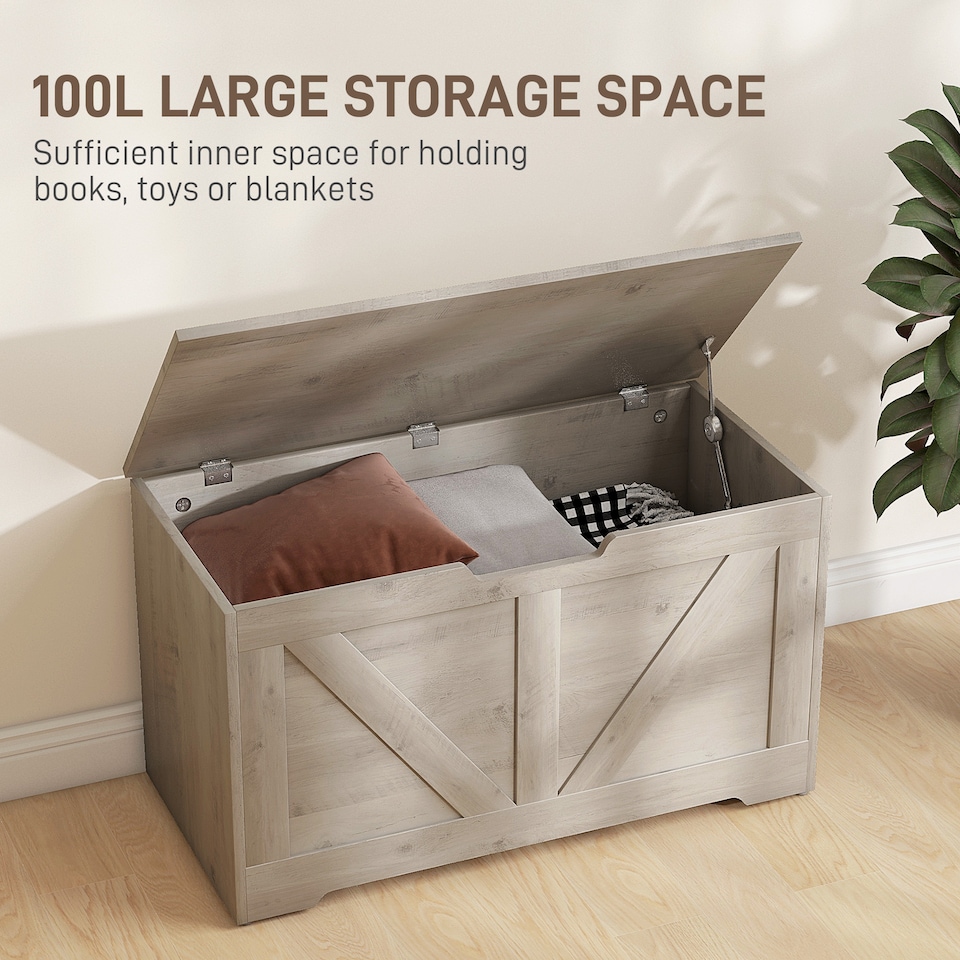 image 1 of HOMCOM 100L Storage Chest, Storage Trunk with 2 Safety Hinges and U-shaped Cut-out Pull, Organiser Box for Living Room, Entryway, 80 x 40 x 45 cm, Grey Wood-Effect
