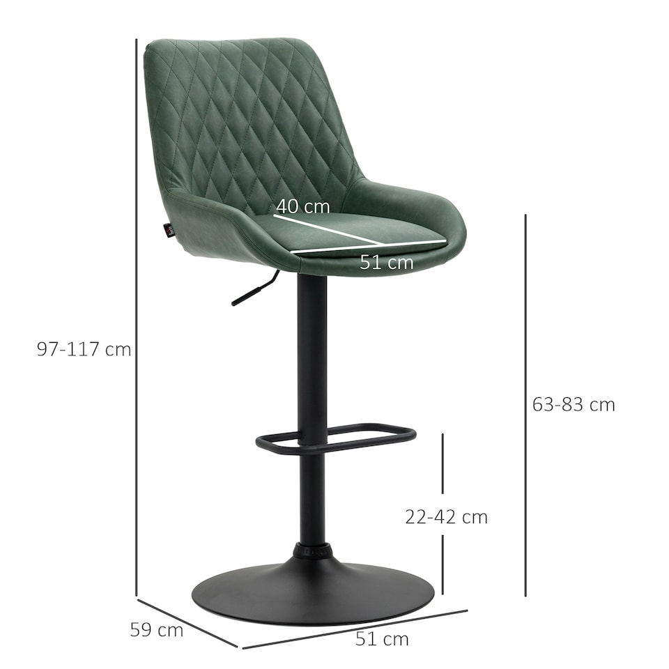 image 1 of HOMCOM Bar Stools Set of 2, Adjustable Bar Chairs 360 Degree Swivel, Green