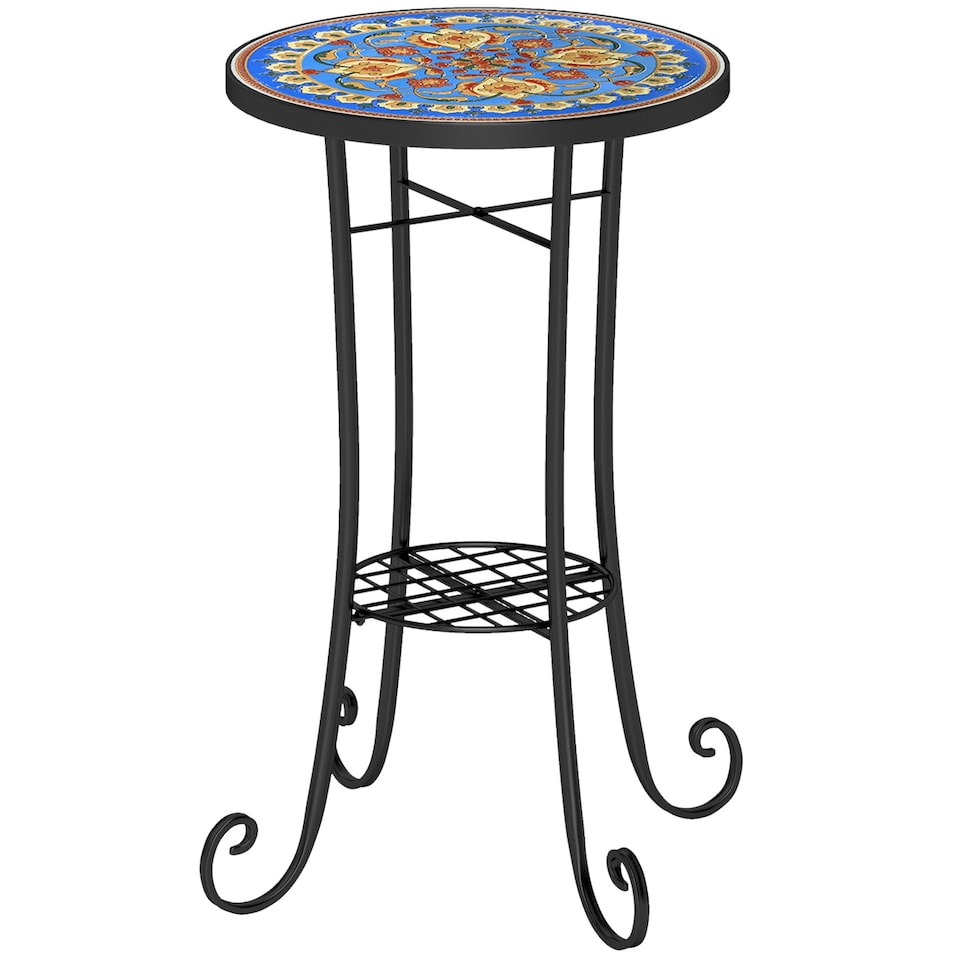 image 1 of Outsunny 35.5cm Round Mosaic Garden Side Table Plant Stand w/ Shelf Blue | Blue