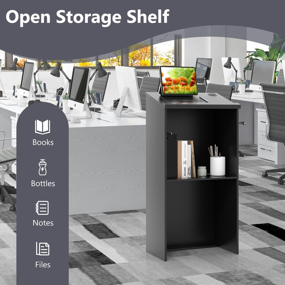 image 1 of COSTWAY Podium Stand Hostess Stand for Speakers with Storage Shelf Black
