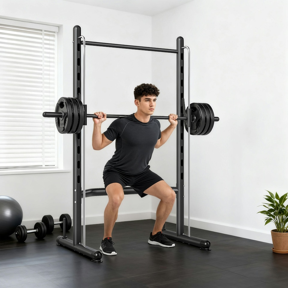 image 1 of HOMCOM Adjustable Squat Rack with Pull Up Bar and Barbell Bar for Home Gym