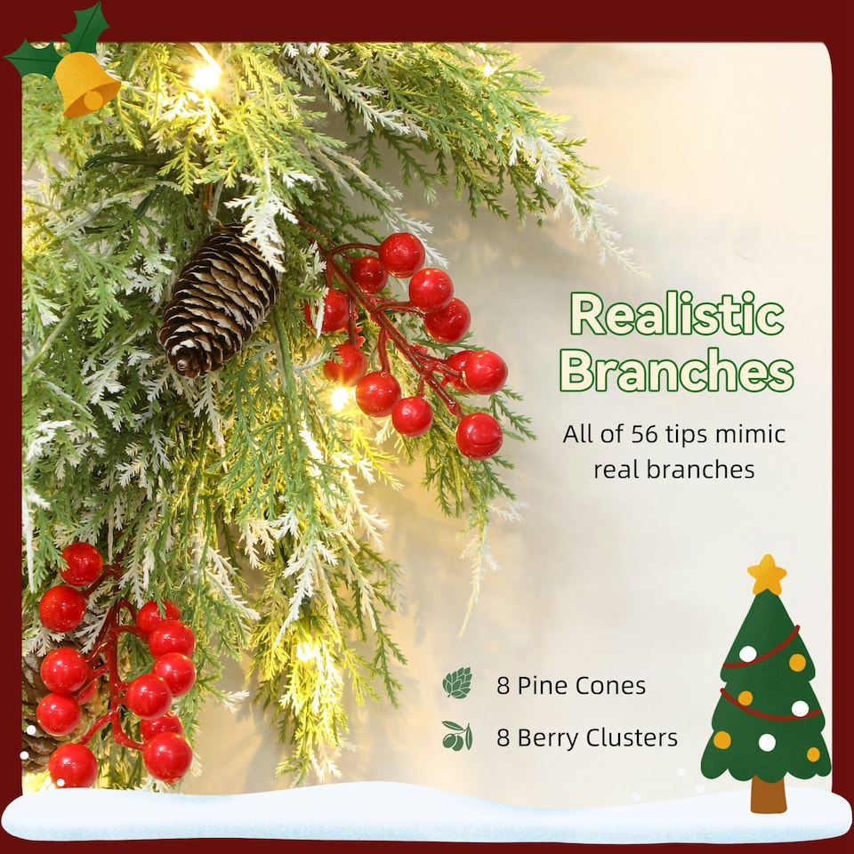 image 1 of HOMCOM 60 cm Prelit Christmas Wreath, Door Wreath with Realistic Branches