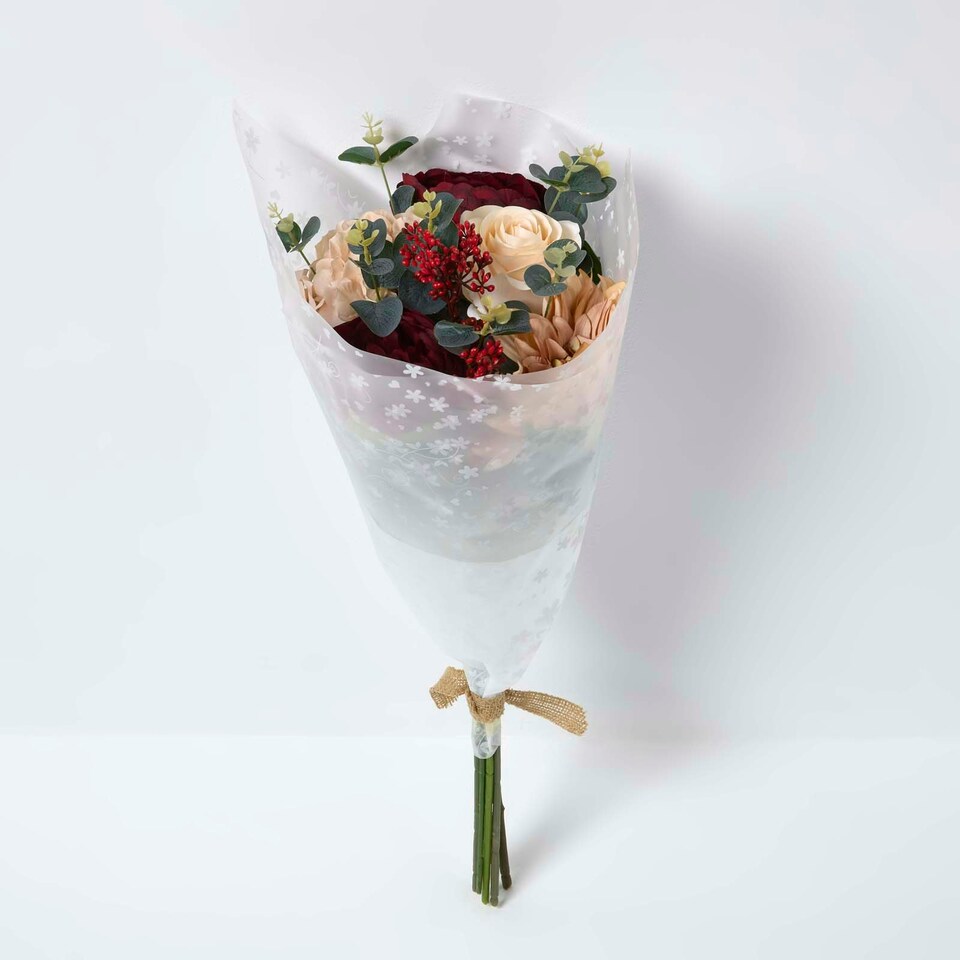 image 1 of Homescapes Artificial Burgundy Roses and Dahlias Bouquet, 67 cm