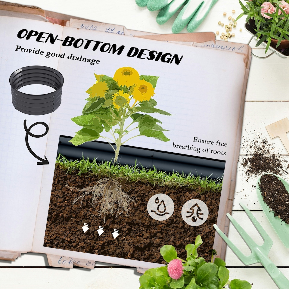 image 1 of Outsunny Set of 2 Raised Garden Bed Metal Planter Box with Safety Edging, Grey