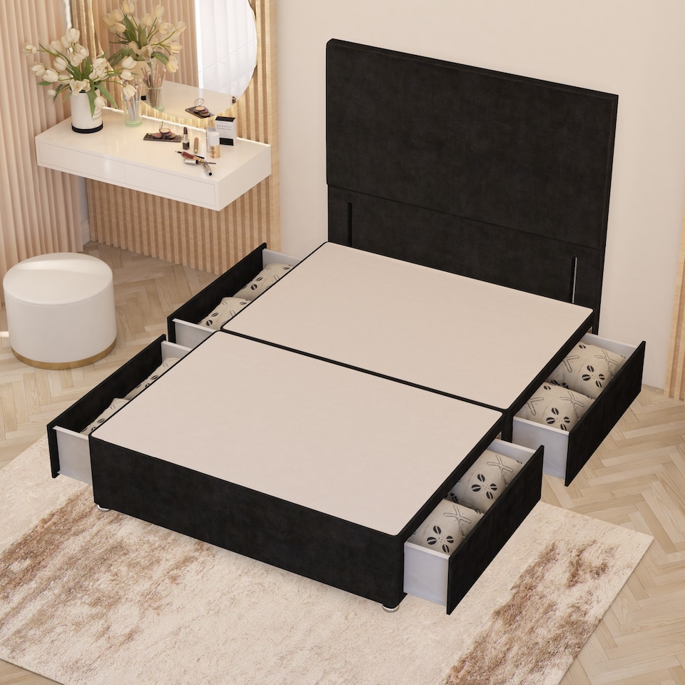 image 1 of Divan Bed Base with 4 Drawers & Plain Floor Standing Headboard Plush Velvet | Black | Black