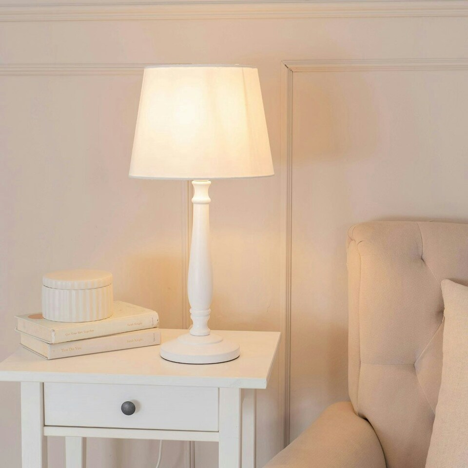 image 1 of ValueLights Victoria White Wood Traditional Stem Table Lamp with White Fabric Tapered Shade