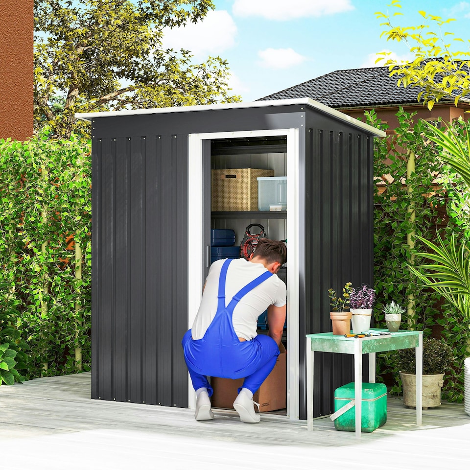 image 1 of Outsunny 5 x 3ft Garden Storage Shed Sliding Door Sloped Roof Tool, Black