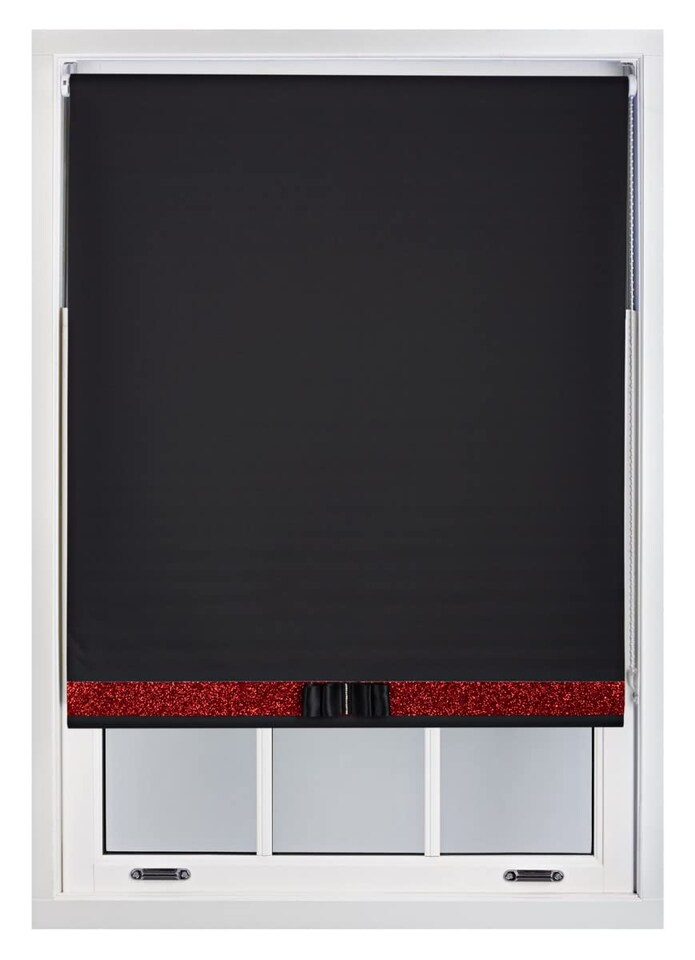 image 1 of FURNISHED Blackout Roller Blinds with Glitter Trim and Bow Insulated Designed Window Shade | Black | Black | (W) 210cm x (L) 210cm