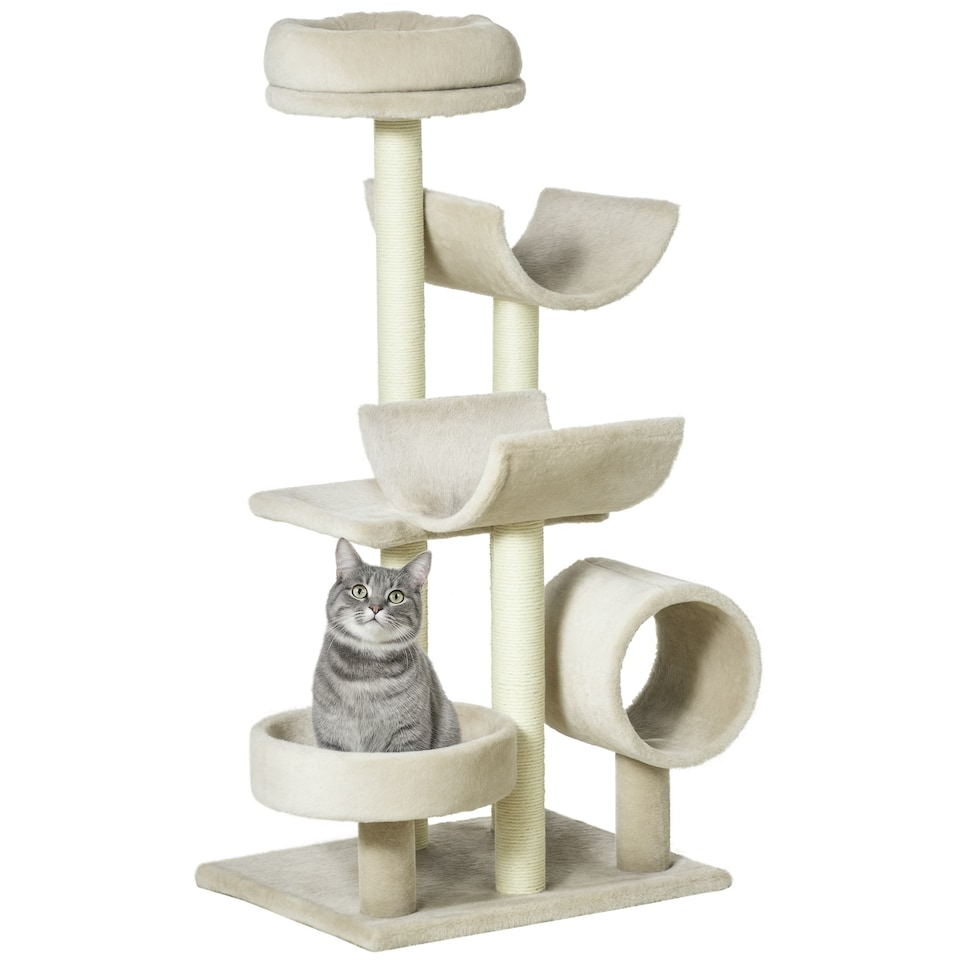 image 1 of PawHut Cat Tree Activity Center Scratching Post Perch Tunnel 105cm Beige