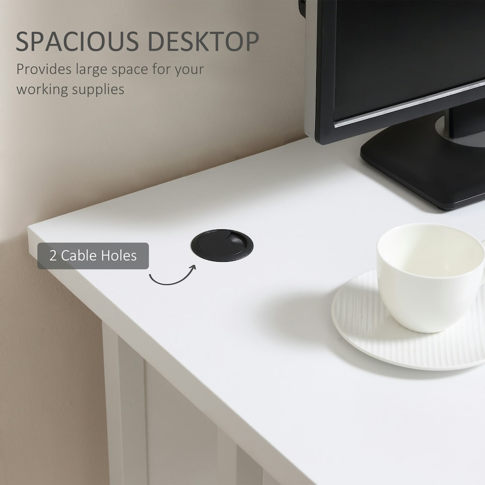 image 1 of HOMCOM Computer Desk Writing Table with 2 Cable Management Holes Metal Leg White