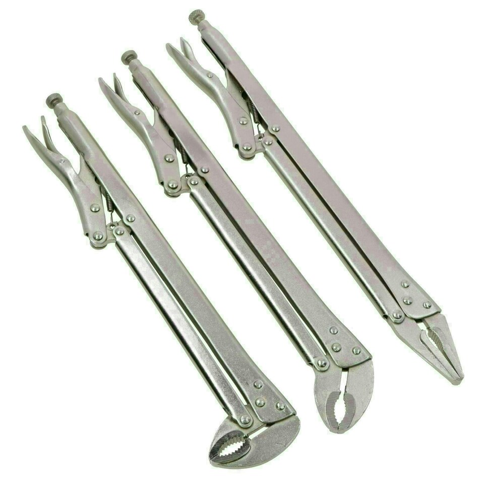 image 1 of 3pc Extra Long Nose 15in Adjustable Locking Pliers Mole Grips Straight 45° 90°