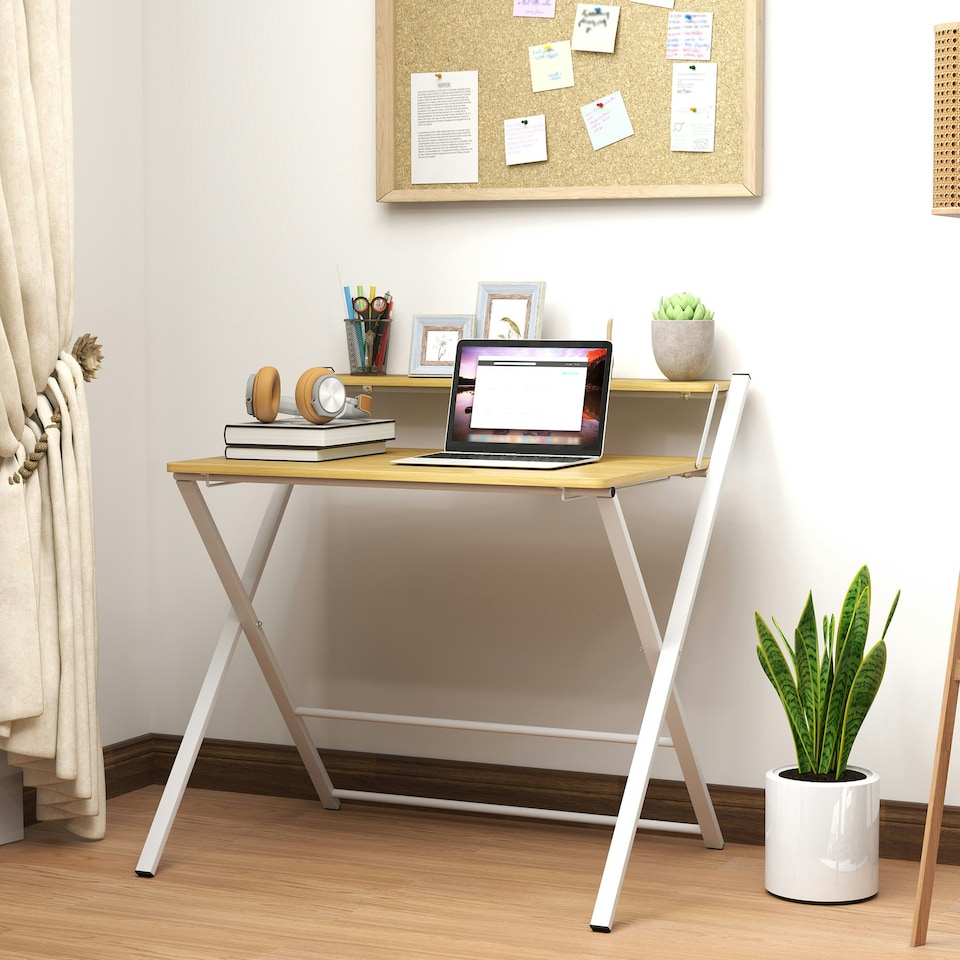 image 1 of HOMCOM Folding Desk with 2-Tier Shelf for Home Office, Maple Wood