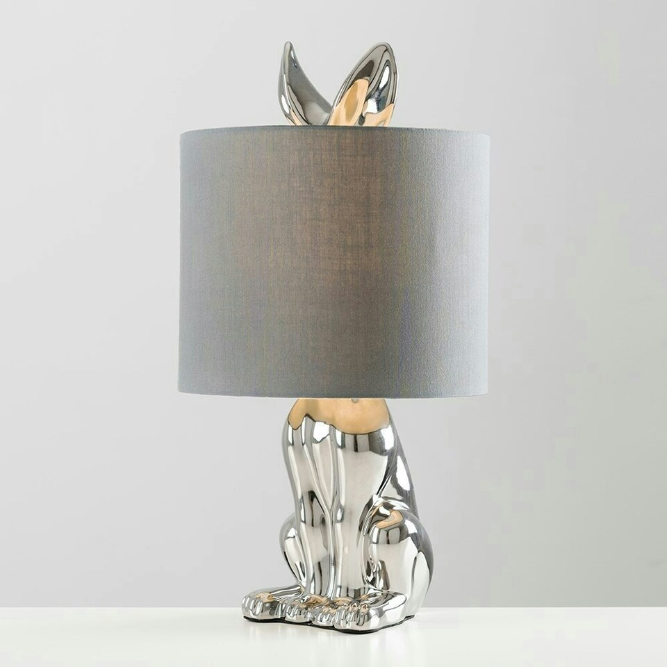 image 1 of ValueLights Modern Chrome Ceramic Rabbit Hare Animal Table Lamp With Grey Shade