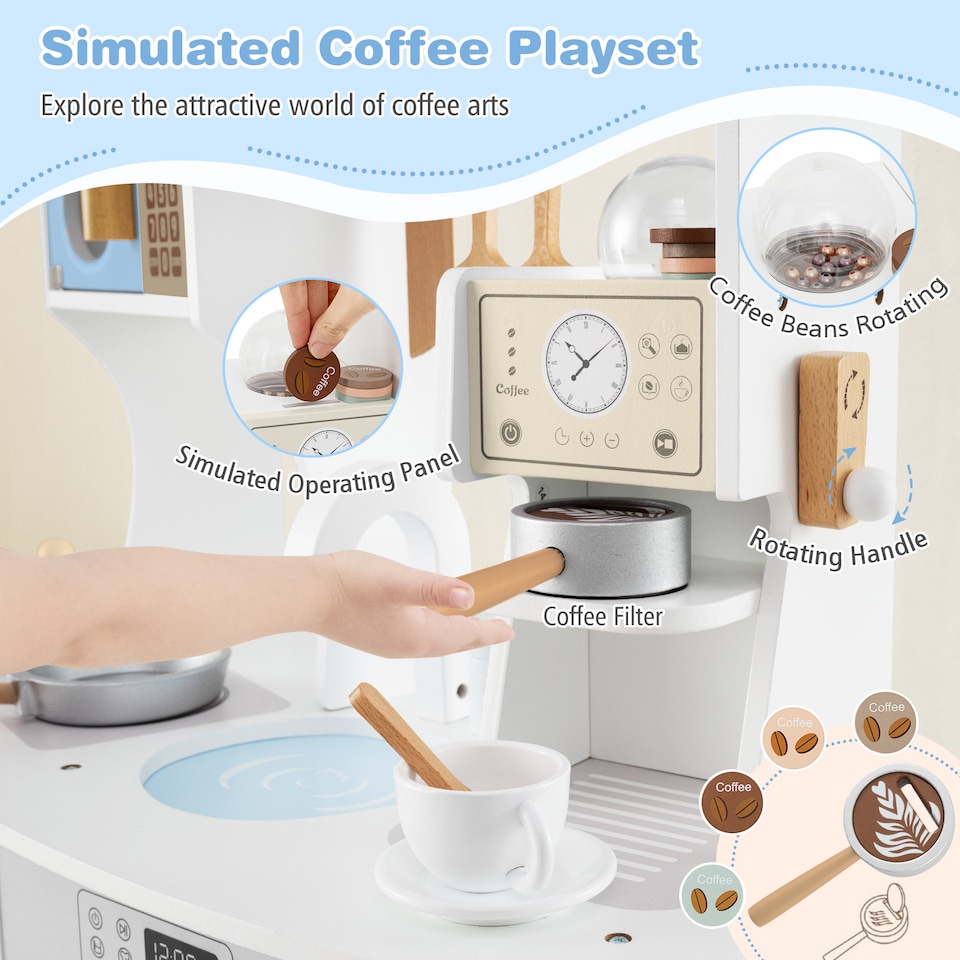 image 1 of COSTWAY Wooden Kids Kitchen Playset Pretend Play Kitchen With  Coffee Maker-Blue