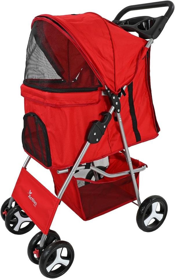 image 1 of Pet Stroller Dog Cat Puppy Pram Pushchair Travel Cart Jogging Buggy Carrier (Red)