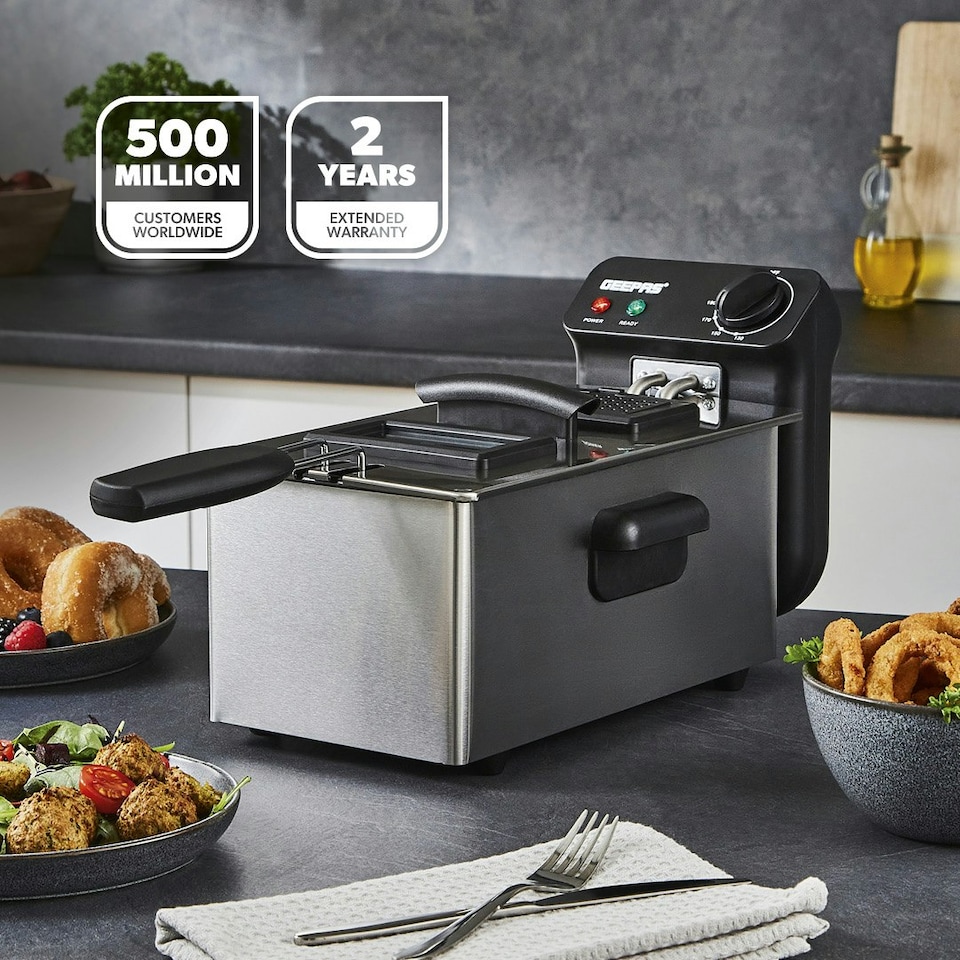 image 1 of GEEPAS Deep Fat Fryer 3L | Food Grade Stainless Steel with Viewing Window, Silver