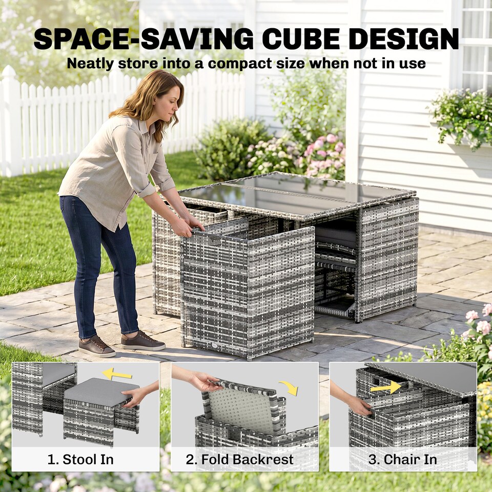 image 1 of Outsunny 8 Seater Cube Rattan Garden Dining Set with Cushions, Grey