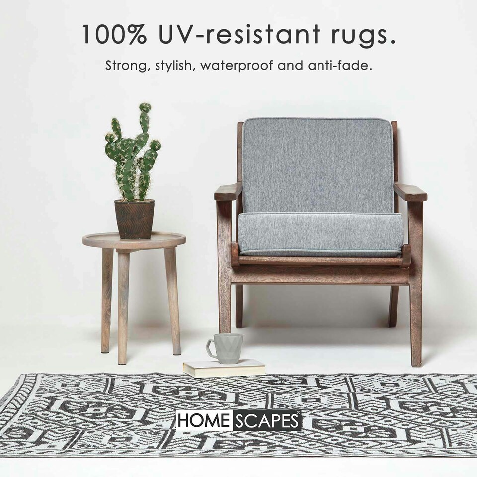 image 1 of Homescapes Outdoor Rug Luxury Waterproof Reversible, For Garden, Geometric Aztec | Black | Black and White