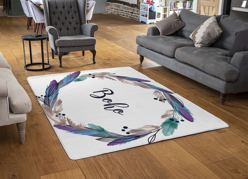 image 1 of Boho Style Wreath Feathers Rug | Multi