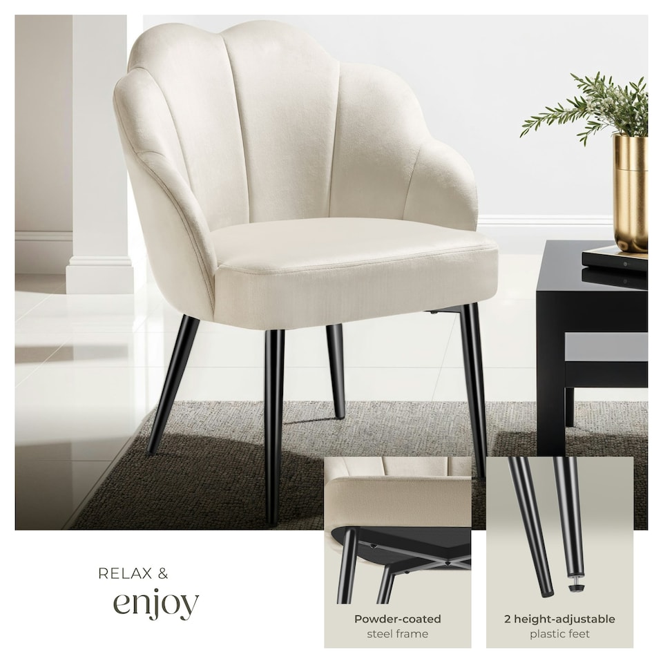 image 1 of Accent Chair Hellen - velvet cover, padded, extra-wide shell-shaped backrest - per piece Cream | Cream/Black
