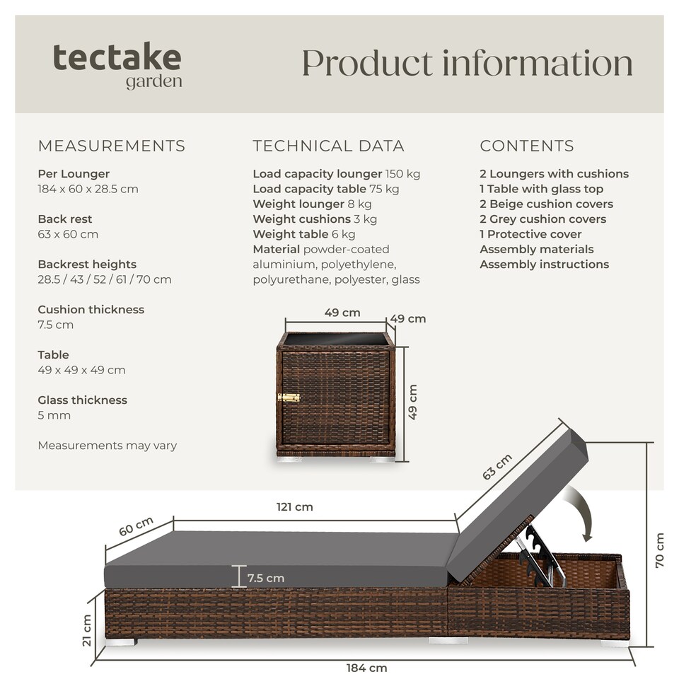 image 1 of Sun Lounger Set - 2 loungers, 1 side table, aluminium frame, adjustable backrest, rain cover | Brown | brown | 1