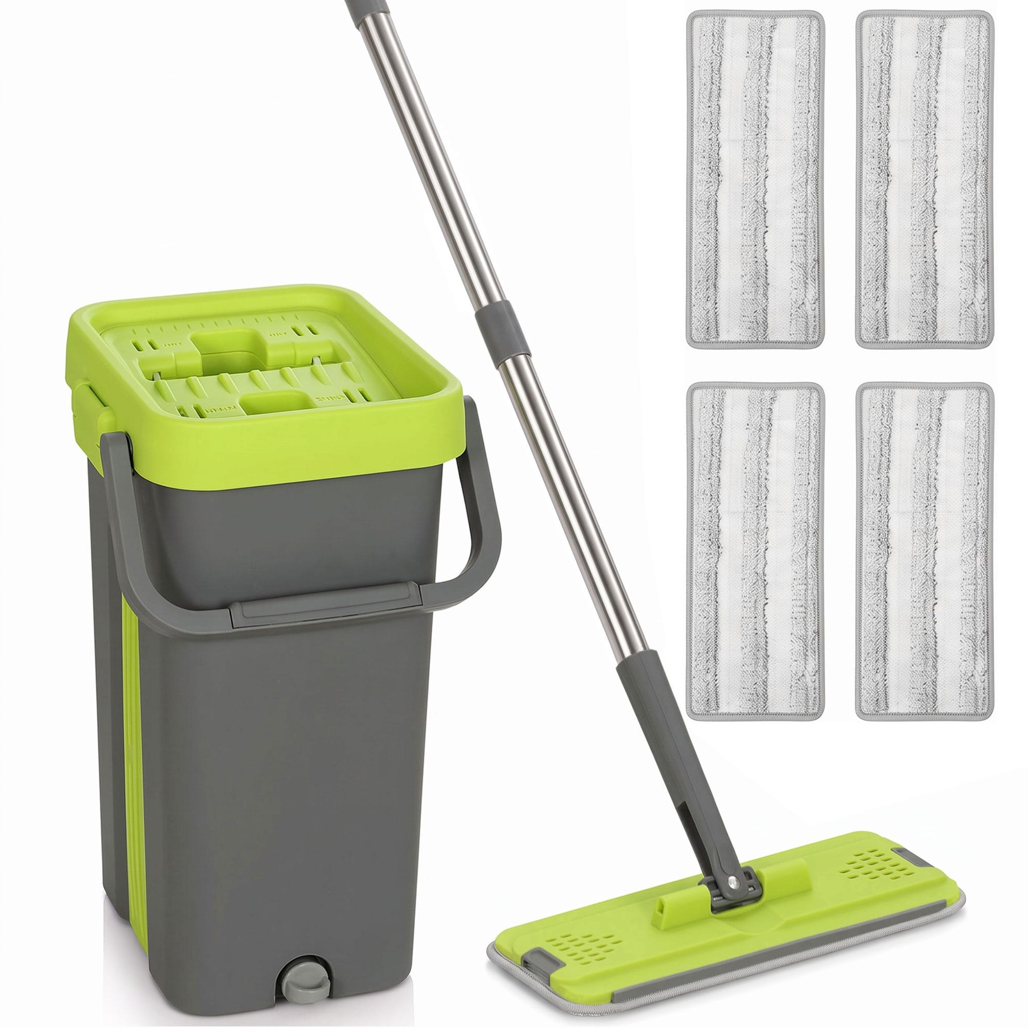 HOMCOM Mop and Bucket Set with 2 Chambers, 5 Microfiber Pads, Dark Grey, Grey