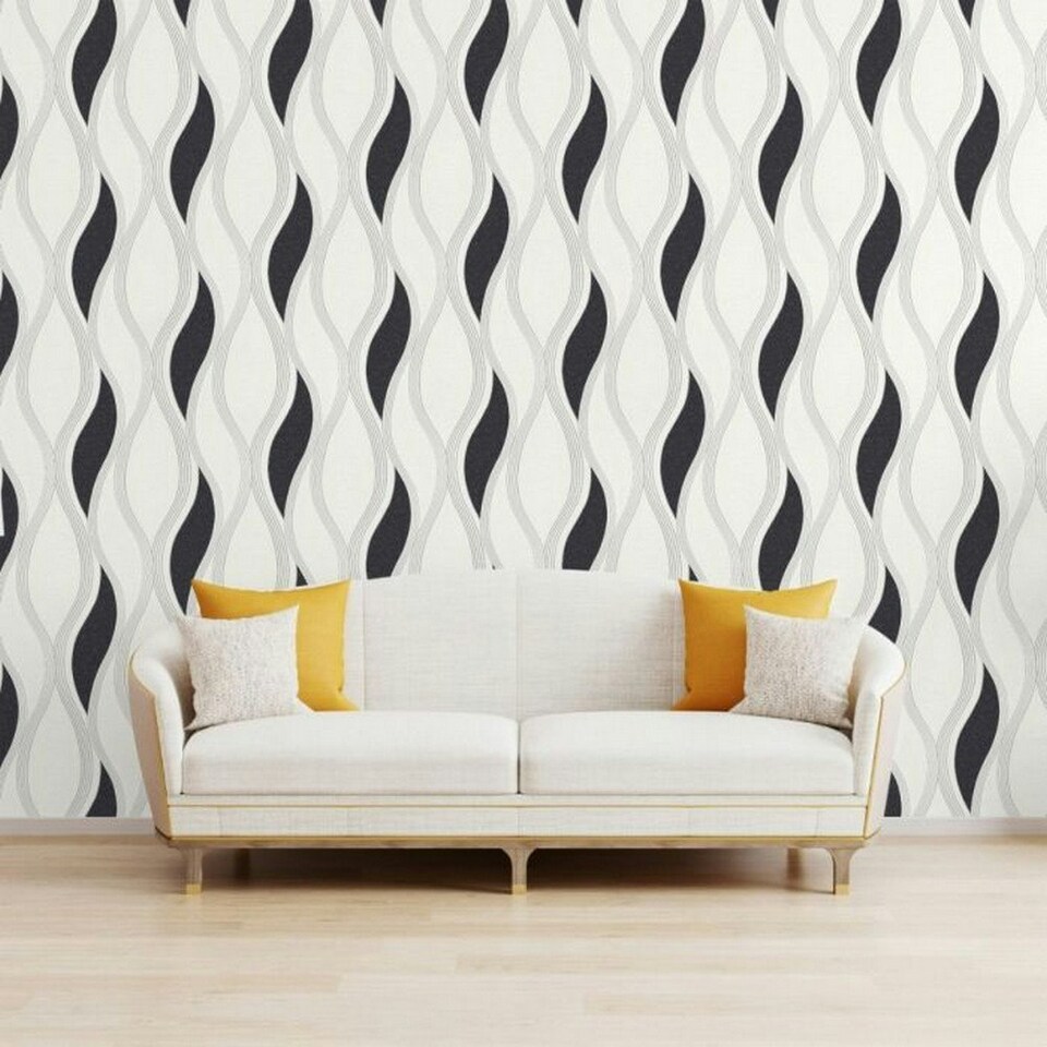 image 1 of Direct Wallpapers Wave Textured Wallpaper - Black/White/Silver - 10m x 53cm Black