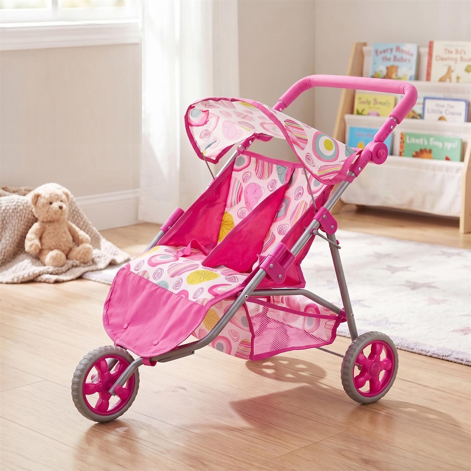 image 1 of BiBi Doll 3 Wheeler Twin Dolls Pink Pushchair Toy with Canopy & Basket For Up To 20" Dolls