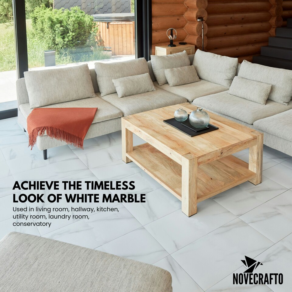 image 1 of NOVECRAFTO Vinyl Floor Tiles Self Adhesive – 12x24in Peel and Stick Waterproof Rectangular Flooring for Kitchen & Bathroom – White Marble Effect Design White | 1.85 sqm