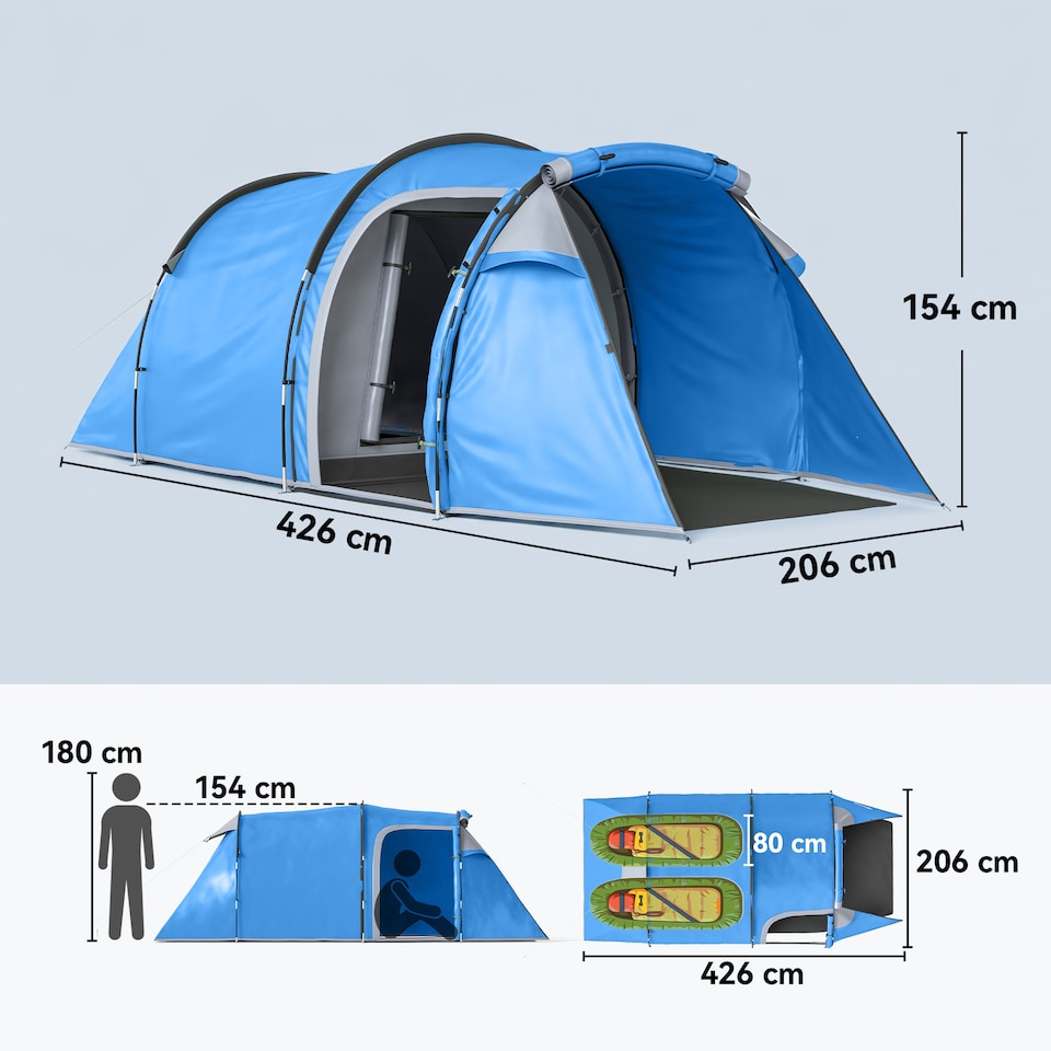 image 1 of Outsunny 2 Man Camping Tent with 2 Rooms Porch Vents Rainfly, Sky Blue