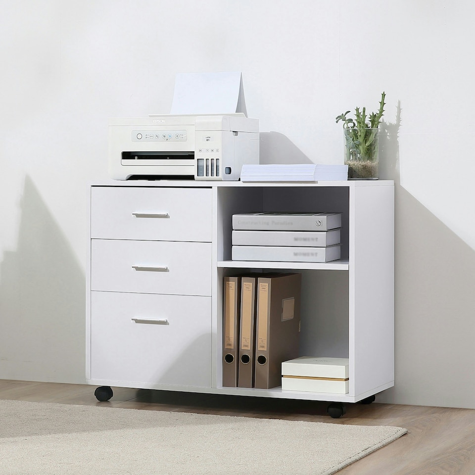 image 1 of HOMCOM Freestanding Storage Cabinet w/ 3 Drawers 2 Shelves 4 Wheels Office White