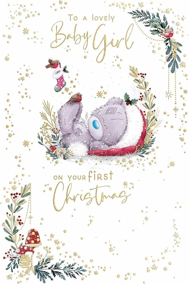 image 1 of Bear And Pink Stocking Baby Girl's First Christmas Card