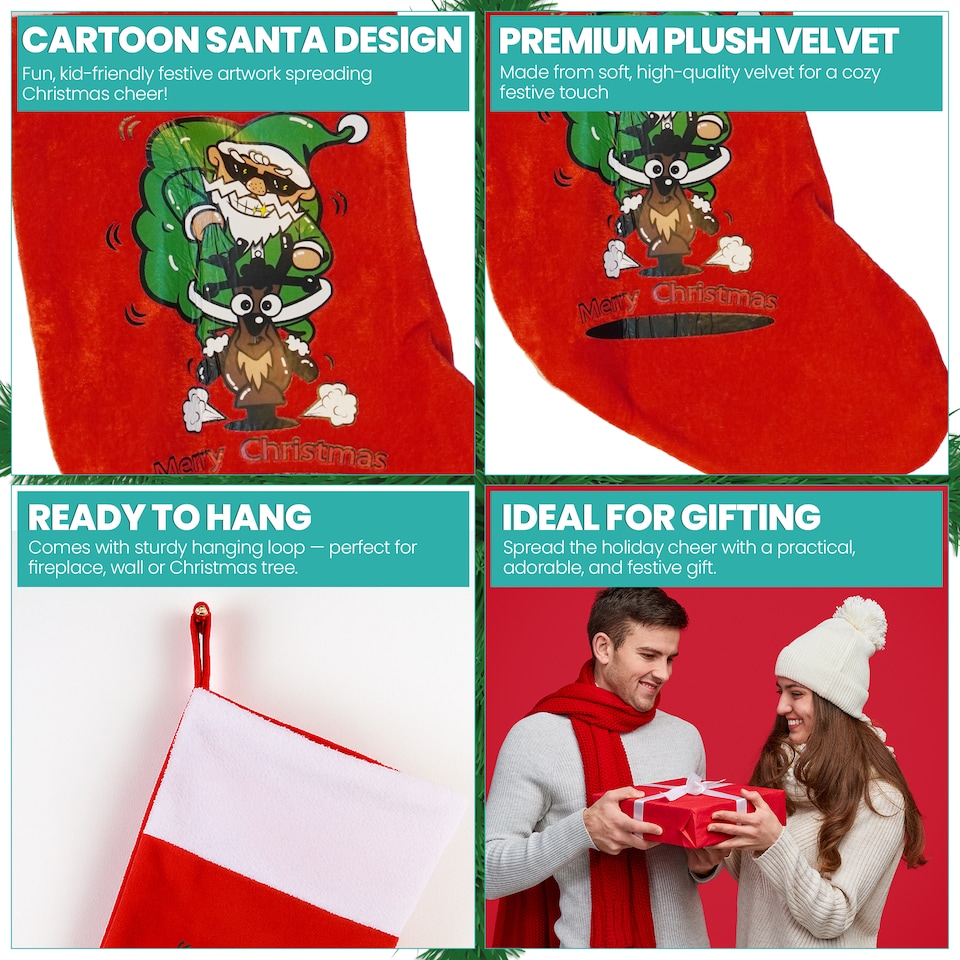 image 1 of Red Velvet Christmas Stocking Santa & Reindeer Design for Gift