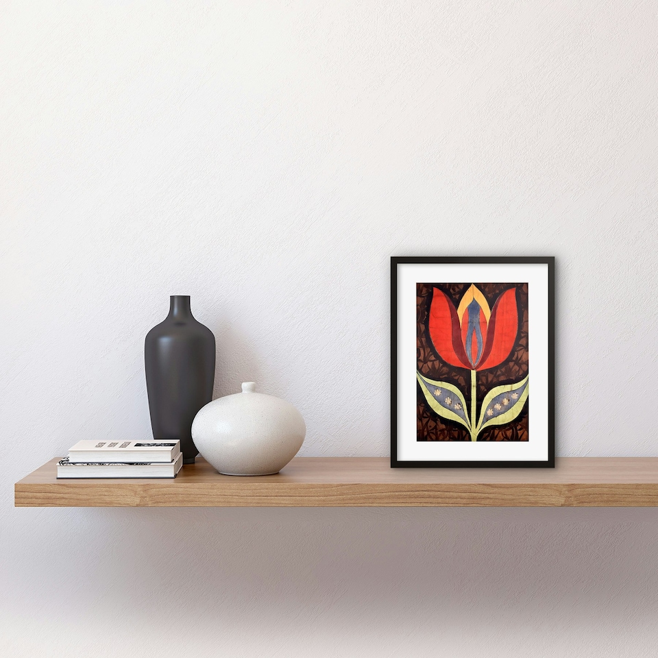 image 1 of Single Tulip Flower Batik Art Deco 9x7" Black Framed Wall Art Print