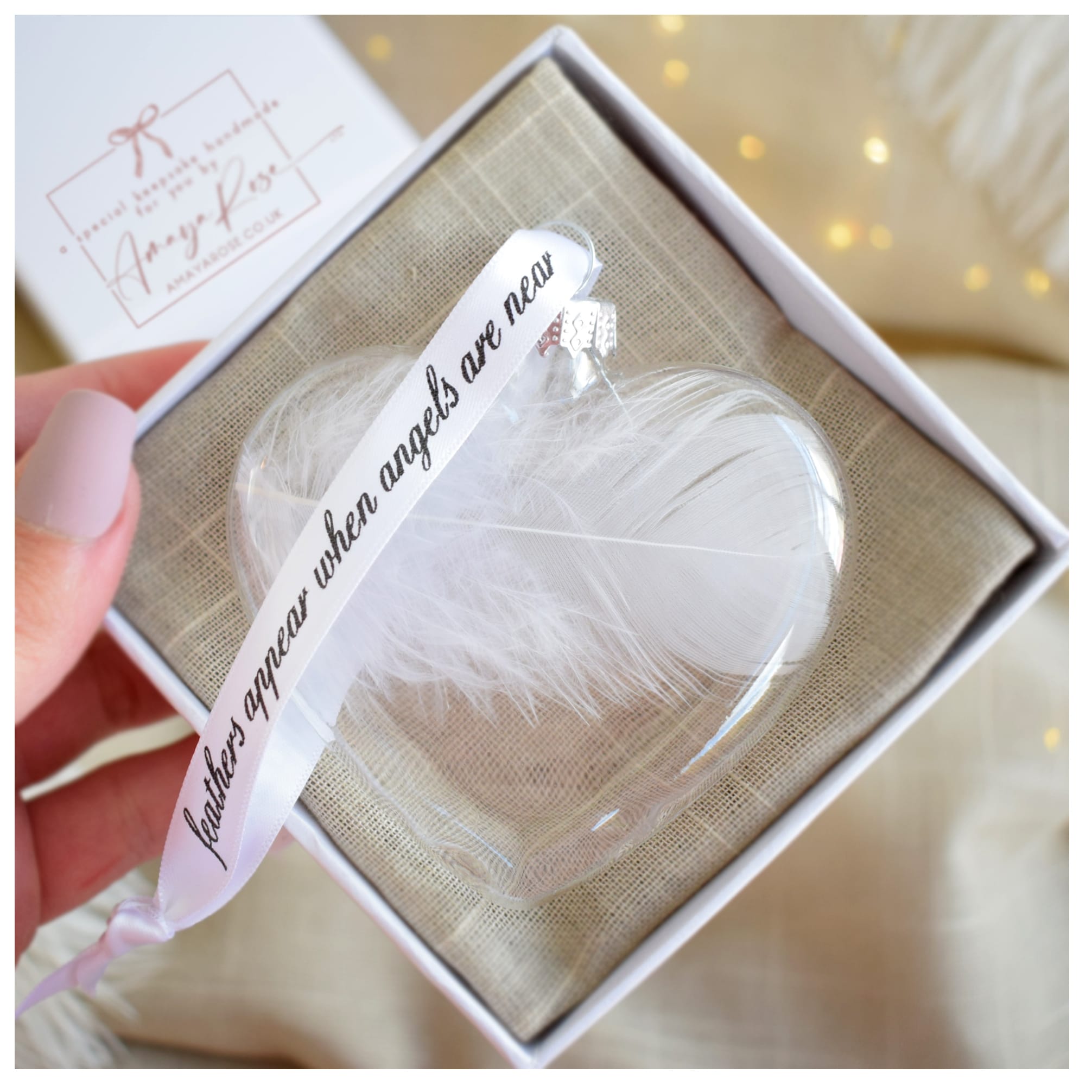 Amaya Rose Ltd White Feather Heart Bauble In Memory Memorial Gift Boxed Keepsake in Clear