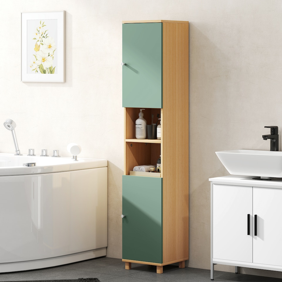 image 1 of HOMCOM Tall Bathroom Cabinet, Freestanding Slim Bathroom Storage Cabinet with 2 Doors, Adjustable Shelves and Open Shelves, 30 x 30 x 166 cm, Green
