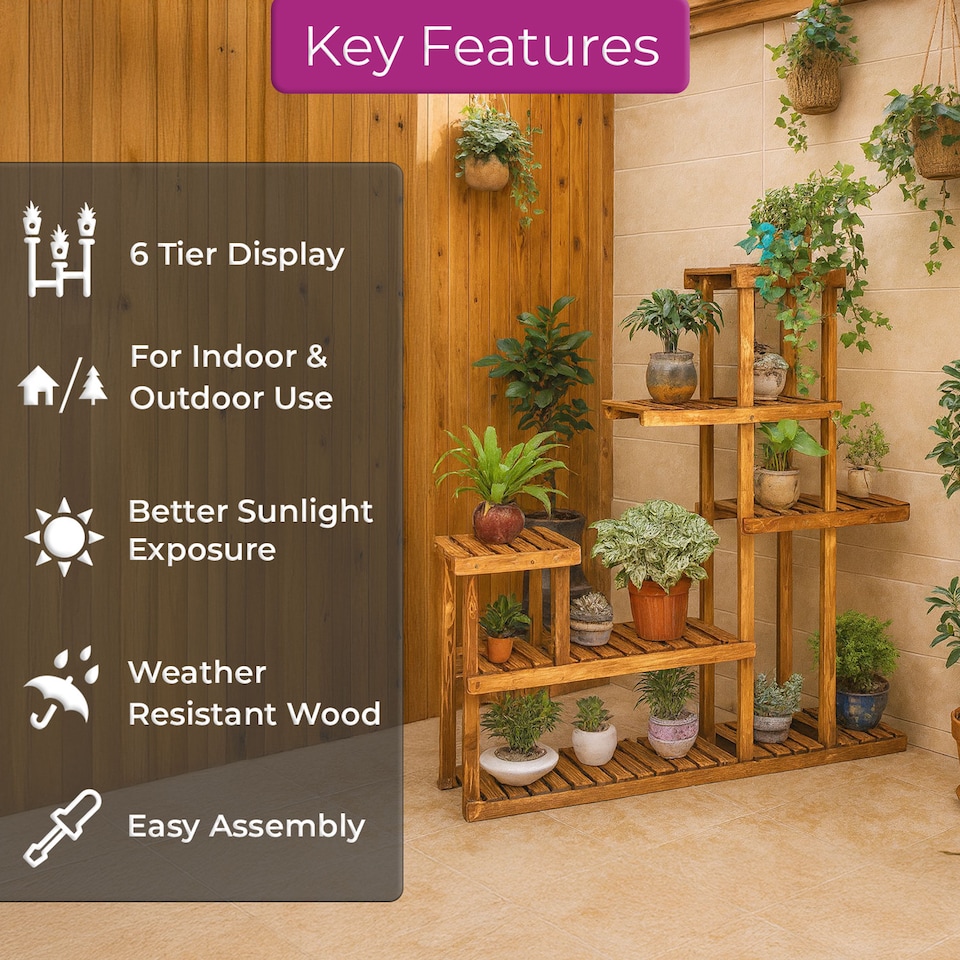 image 1 of Neo 6 Tier Wooden Plant Stand for Balcony Indoor Garden & Patio Outdoor Flower Shelf Display Rack