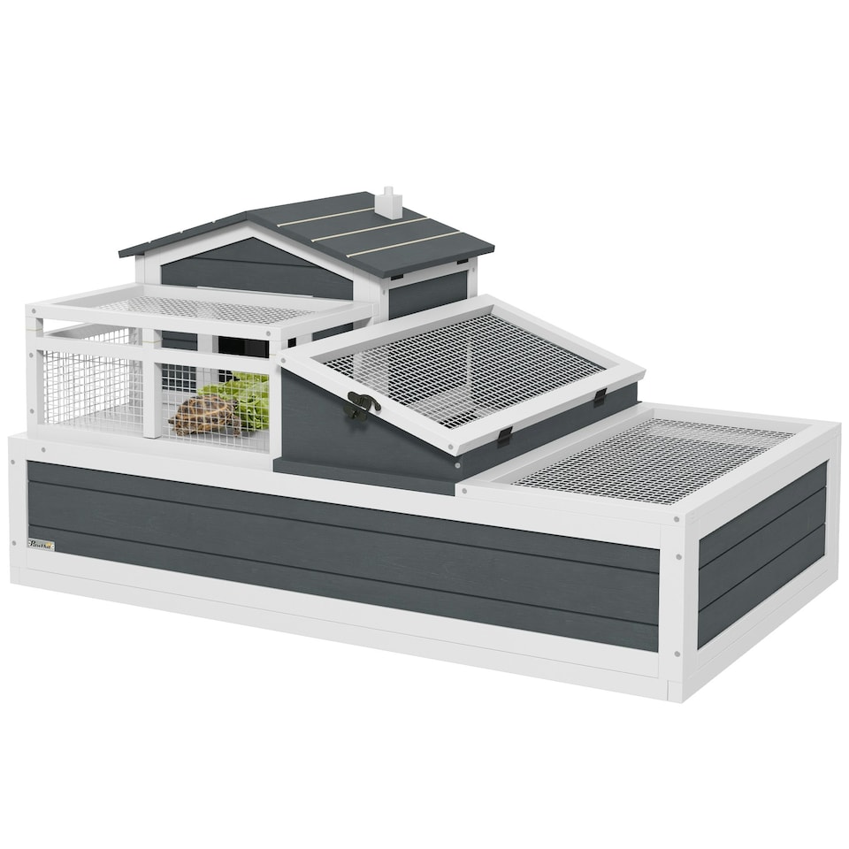 image 1 of PawHut Wooden Tortoise House Indoor Outdoor w/ Balcony, Tray, Openable Roof