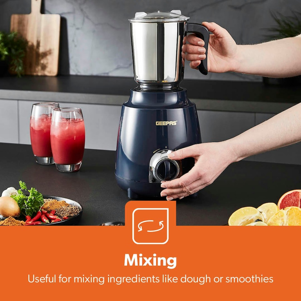 image 1 of GEEPAS 600W 3-in-1 Mixer Grinder | Stainless Steel Jars, Blades, Blue Blue