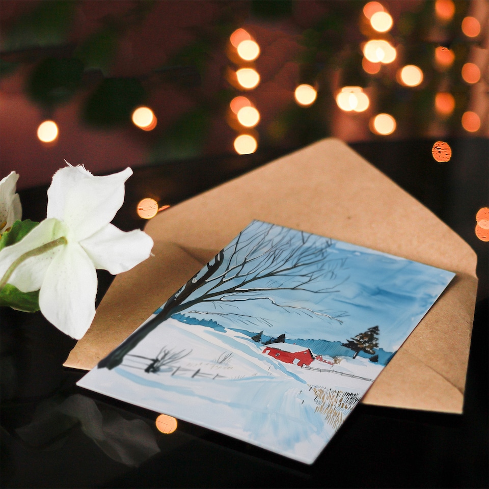 image 1 of Greeting Card Red Swedish Cottage in Winter Snow Countryside Birthday