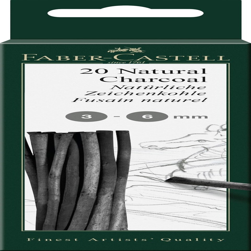Faber-Castell - PITT Natural Charcoal Sticks Blistercard, 3-6mm Dia - Pack 20