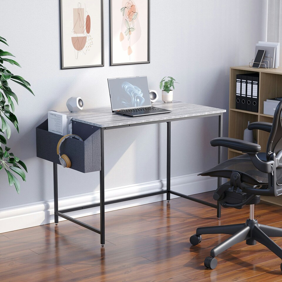 image 1 of Vida Designs Brooklyn Large Computer Desk With Storage Basket Home Office Workstation, Grey