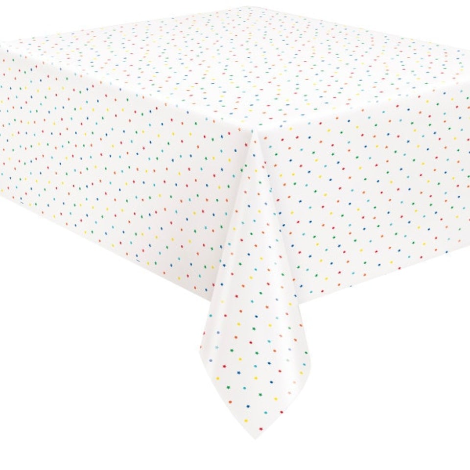 image 1 of Dots and Stars Birthday Rectangular Plastic Table Cover, 54" x 84"