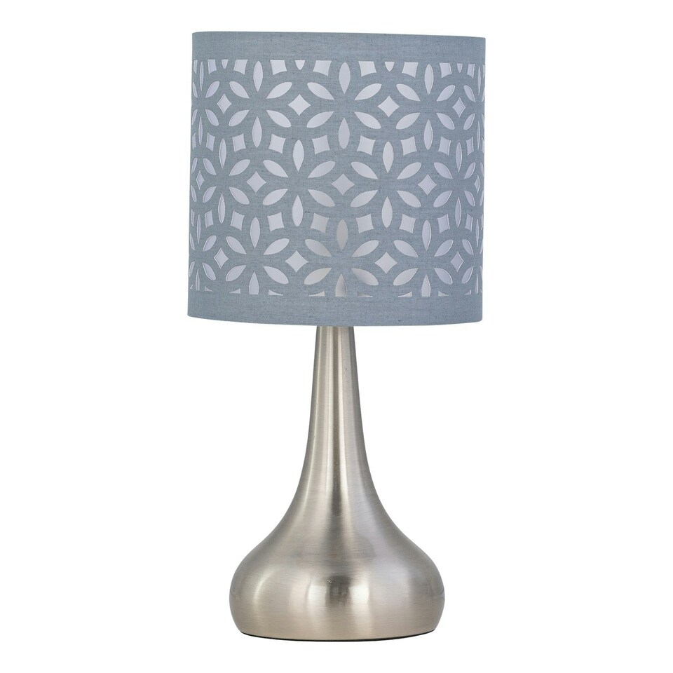 image 1 of Set of 2 Romana - Brushed Chrome Touch Operated Table Lamps Bedside Lights Grey Laser Cut Shade Silver | Grey