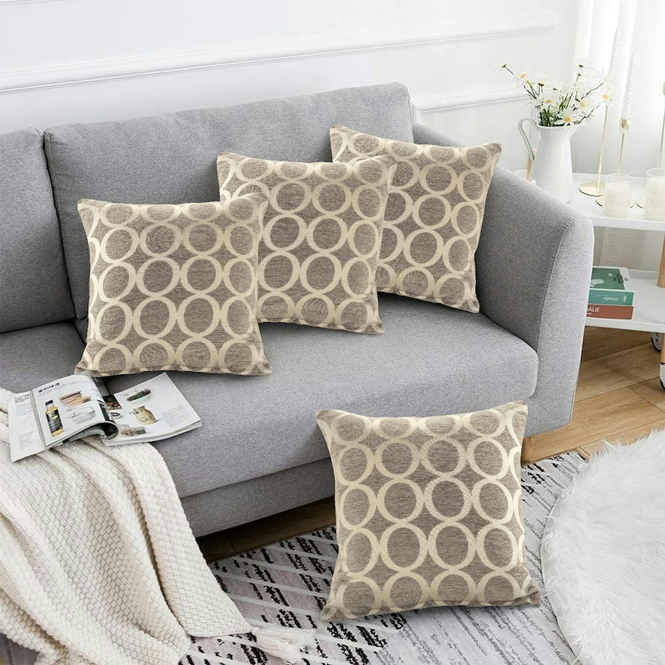 image 1 of Geometric O Chenille 45cm x 45cm Silver Cushion Set of 4 | Silver | Cream | 45cm x 45cm x 10cm | 4