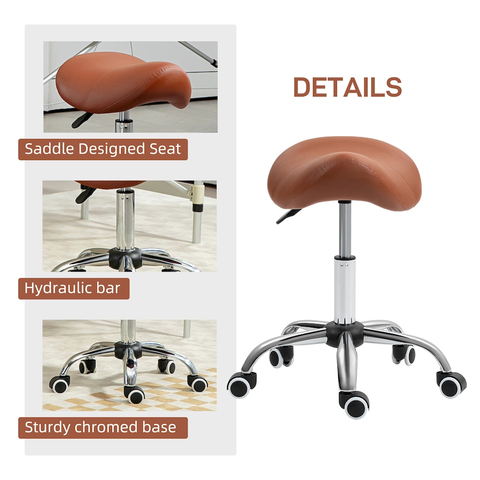 image 1 of HOMCOM Cosmetic Stool 360 Rotate Height Adjustable Salon Massage Spa Chair Hydraulic Rolling Faux Leather Saddle Stool Mobility, Brown