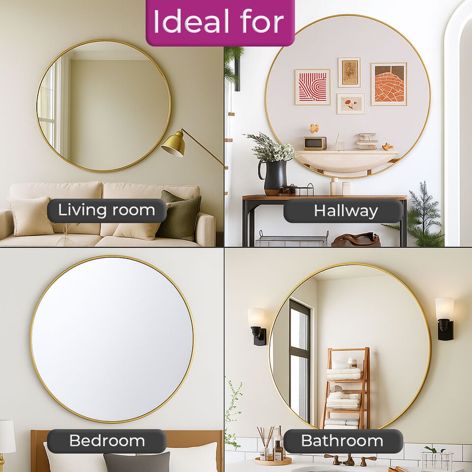 image 1 of Neo 70cm Gold Round Metal Frame Wall Mirror Float Glass HD Reflection Anti Rust Moisture Proof Wall Mounted Bathroom Bedroom Hallway Living Room Vanity | Gold | Gold