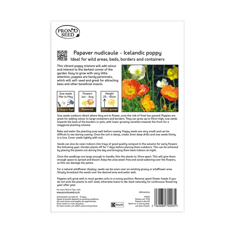 image 1 of Poppy Flower Seeds - Papaver Nudicaule, Icelandic Poppy - 10g